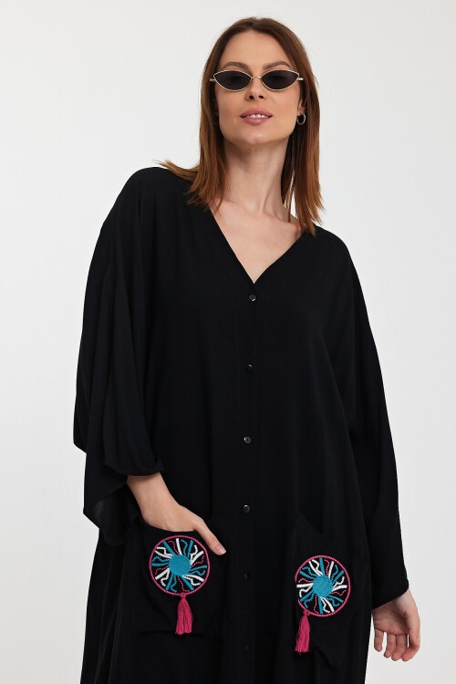 948 Siyah Kadın V Yaka Düğme Kapalı Nakışlı Büyük Beden Gömlek Elbise