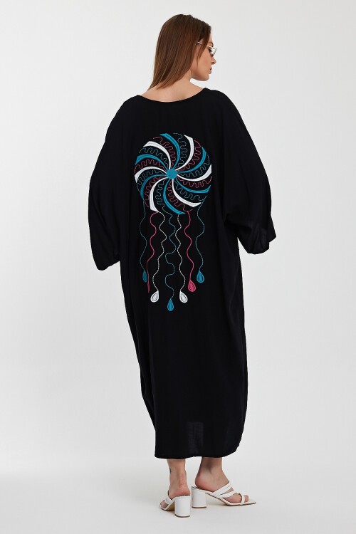 948 Siyah Kadın V Yaka Düğme Kapalı Nakışlı Büyük Beden Gömlek Elbise