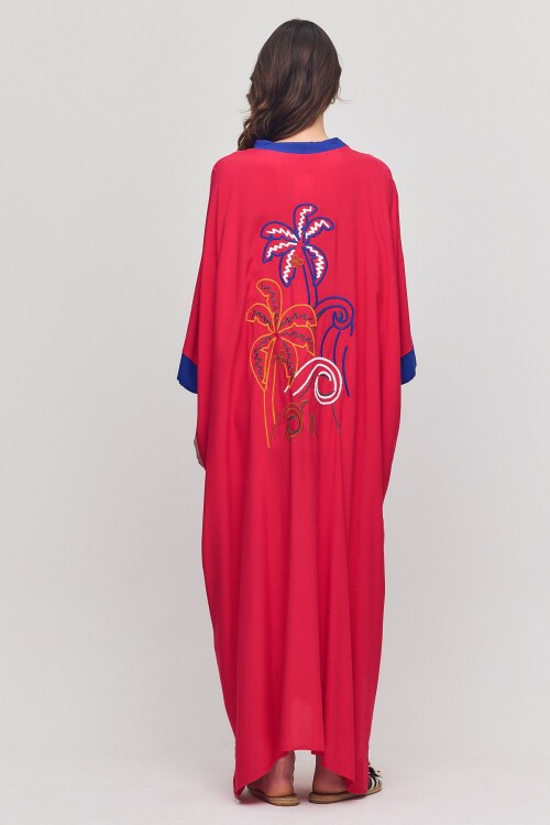 949 Fuşya Sırt Nakış Detaylı Yarım Kapama Büyük Beden Elbise