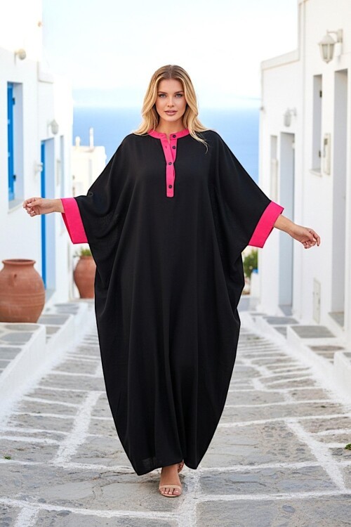 949 Siyah Sırt Nakış Detaylı Yarım Kapama Büyük Beden Elbise