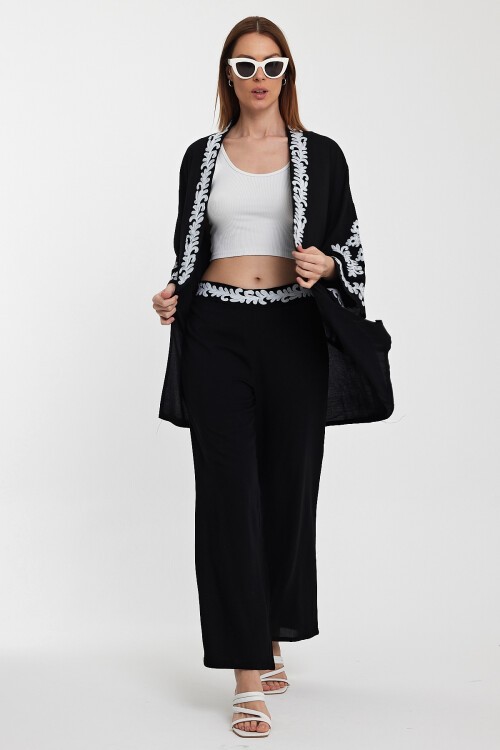 950 Siyah Nakışlı Kimono Pantolon Takım