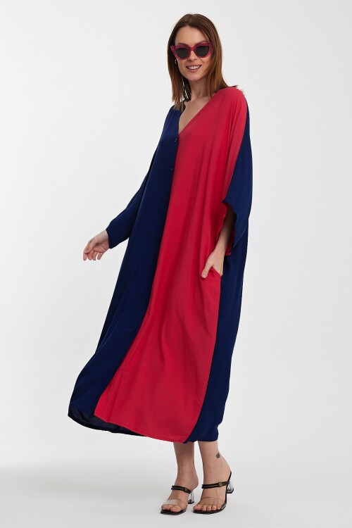 956 Lacivert Fuşya Sırt Nakış Detaylı Büyük Beden Viskon Elbise