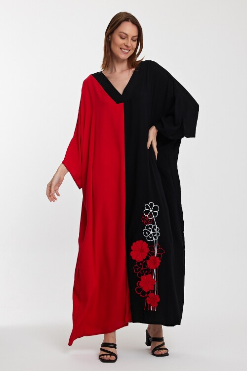 958 Siyah Kırmızı V Yaka Büyük Beden Nakış Detaylı Uzun Viskon Elbise