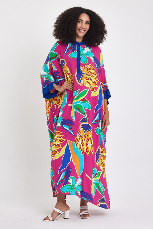 969 Fuşya Floral Desen Büyük Beden Gömlek Elbise