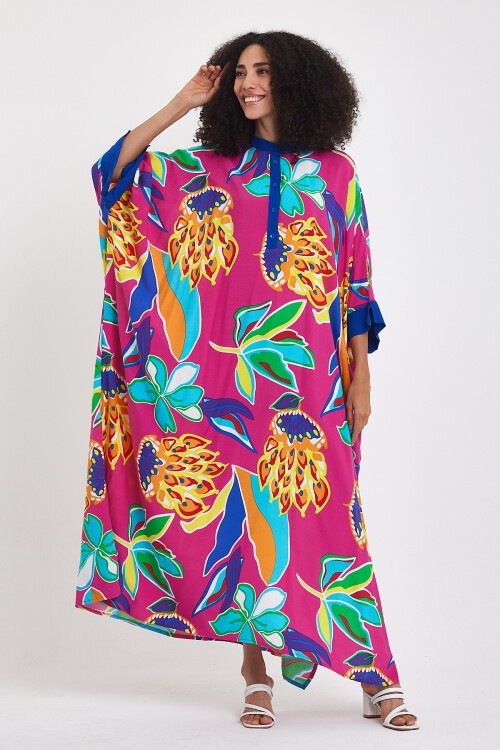 969 Fuşya Floral Desen Büyük Beden Gömlek Elbise