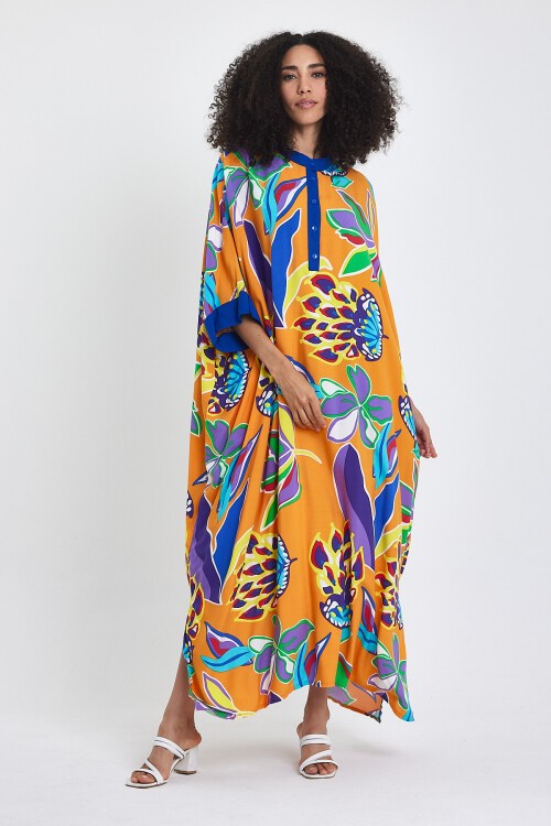 969 Sarı Floral Desen Büyük Beden Gömlek Elbise