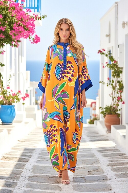 969 Sarı Floral Desen Büyük Beden Gömlek Elbise