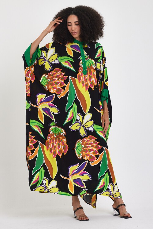 969 Siyah Floral Desen Büyük Beden Gömlek Elbise