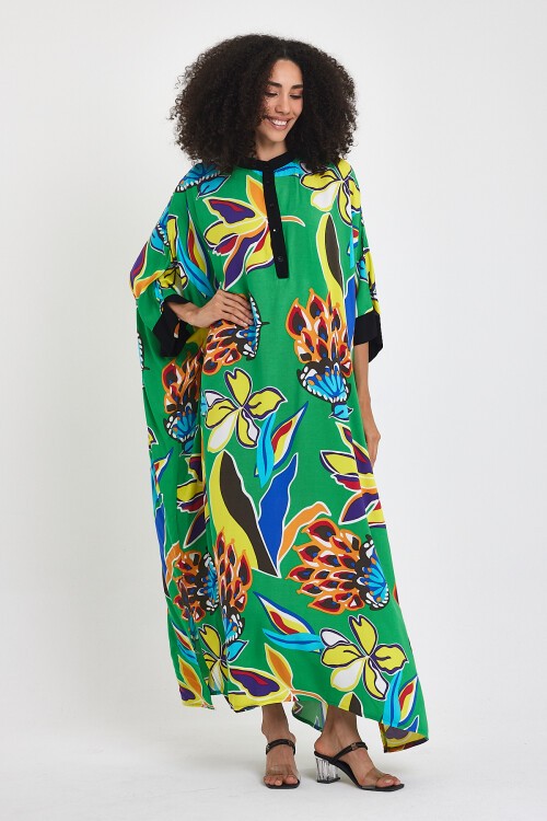 969 Yeşil Floral Desen Büyük Beden Gömlek Elbise