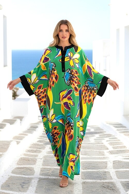 969 Yeşil Floral Desen Büyük Beden Gömlek Elbise