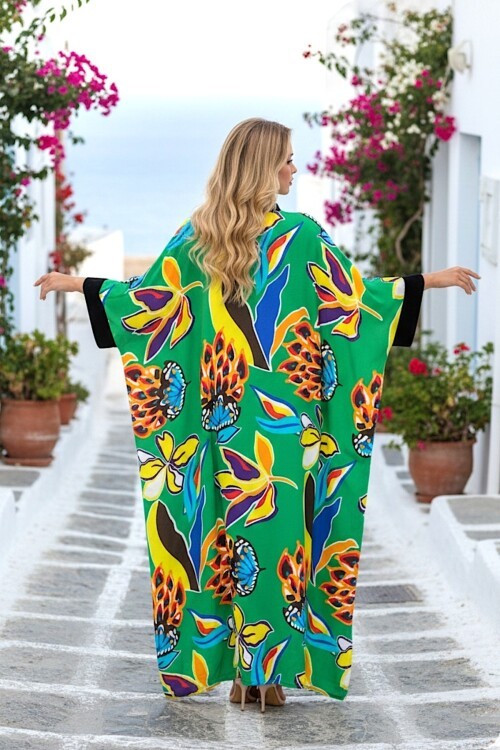 969 Yeşil Floral Desen Büyük Beden Gömlek Elbise