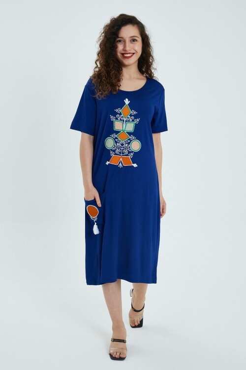 972 Etnik Nakış Detaylı Penye Viskon Elbise