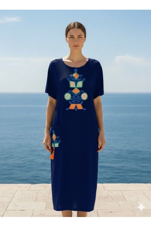 972 Etnik Nakış Detaylı Penye Viskon Elbise