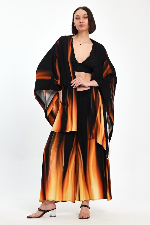 975 Siyah Oranj Alev Desenli Viskon Takım