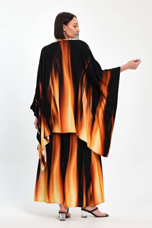 975 Siyah Oranj Alev Desenli Viskon Takım