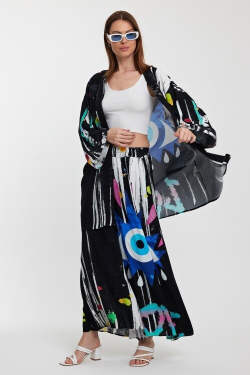 976 Siyah Nazar Boncuk Baskılı Ceket Pantolon Takım