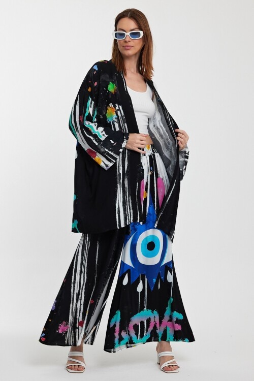 976 Siyah Nazar Boncuk Baskılı Ceket Pantolon Takım