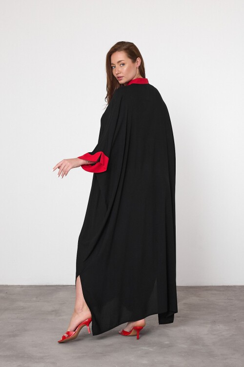 978 Siyah Kuş Nakışlı Yarım Kapamalı Büyük Beden Elbise