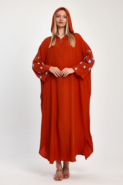 981 Kiremit Nazar Boncuk Baskılı Kapüşonlu Yarım Fermuarlı Viskon Elbise