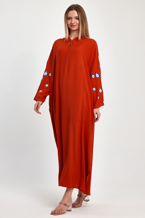 981 Kiremit Nazar Boncuk Baskılı Kapüşonlu Yarım Fermuarlı Viskon Elbise