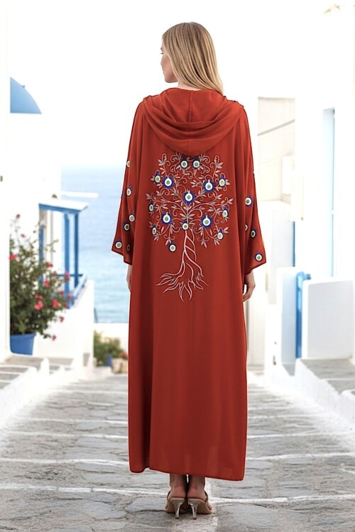 981 Kiremit Nazar Boncuk Baskılı Kapüşonlu Yarım Fermuarlı Viskon Elbise