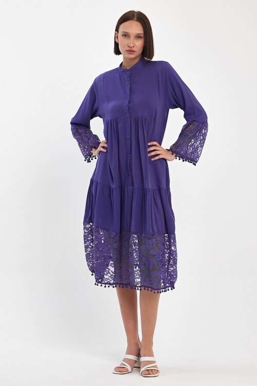 983 Mor Hakim Yaka Düğmeli Tül Detaylı Viskon Elbise