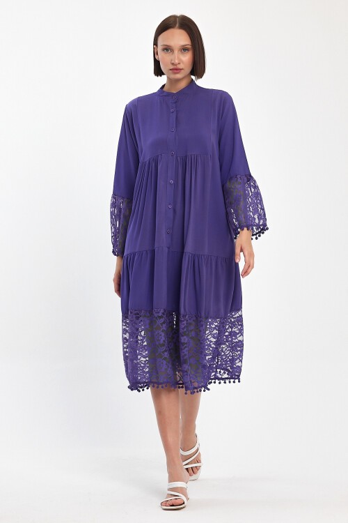 983 Mor Hakim Yaka Düğmeli Tül Detaylı Viskon Elbise