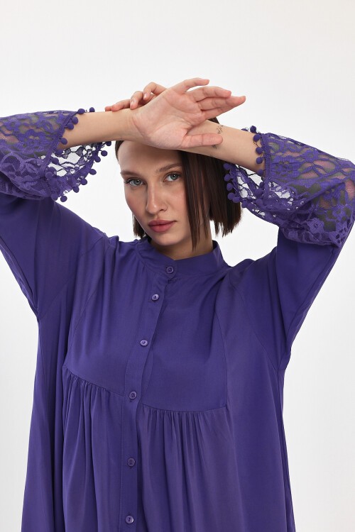 983 Mor Hakim Yaka Düğmeli Tül Detaylı Viskon Elbise