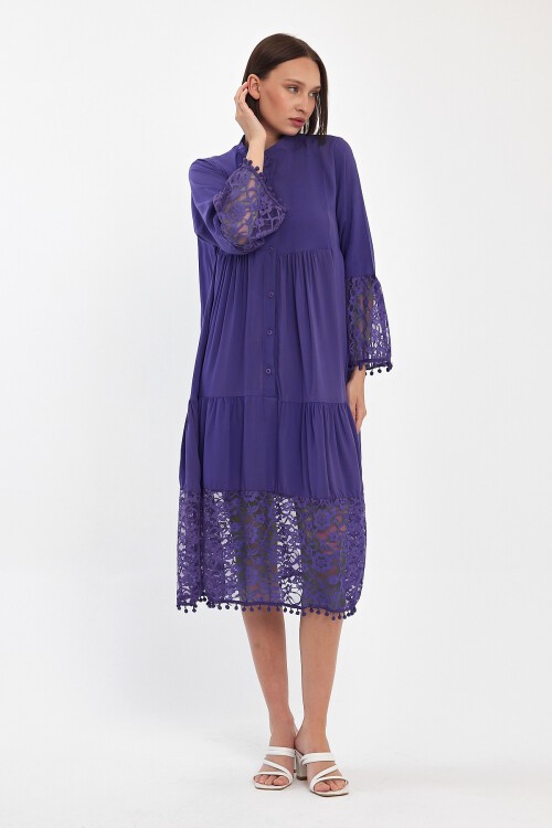 983 Mor Hakim Yaka Düğmeli Tül Detaylı Viskon Elbise