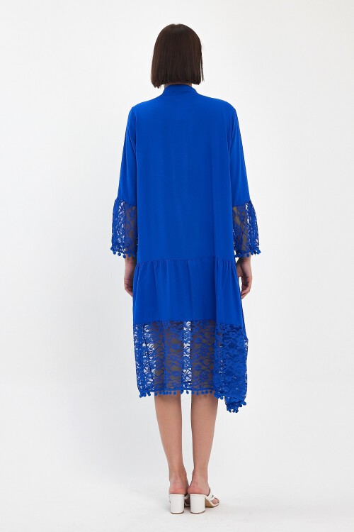 983 Saks Mavi Hakim Yaka Düğmeli Tül Detaylı Viskon Elbise