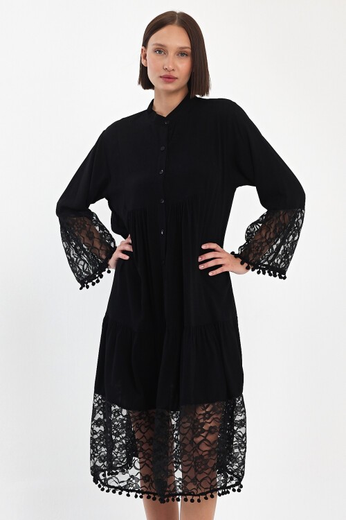 983 Siyah Hakim Yaka Düğmeli Tül Detaylı Viskon Elbise