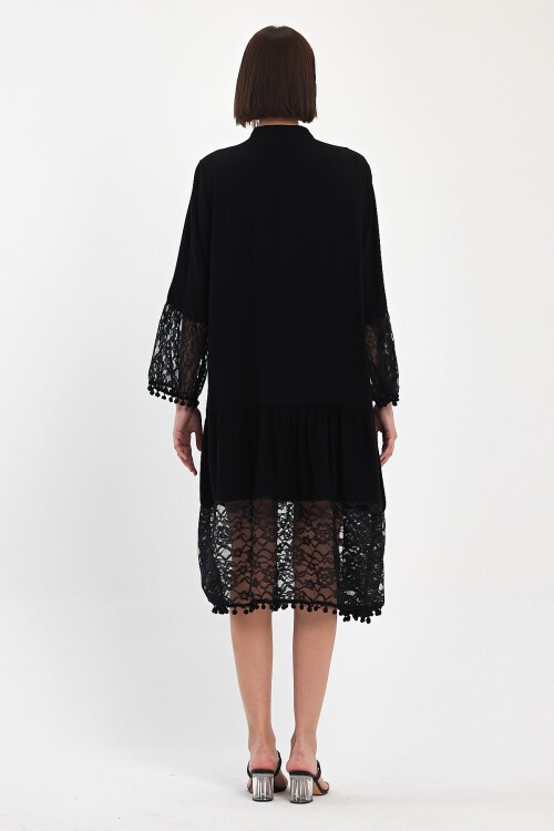 983 Siyah Hakim Yaka Düğmeli Tül Detaylı Viskon Elbise