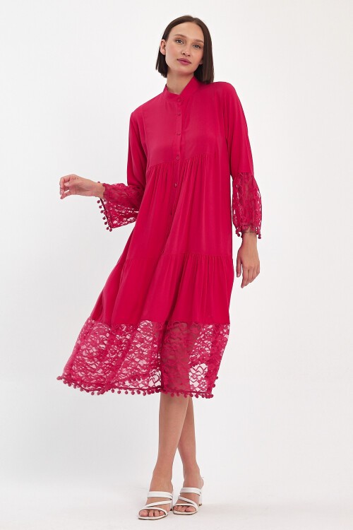 983 Fuşya Hakim Yaka Düğmeli Tül Detaylı Viskon Elbise