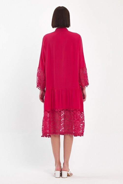 983 Fuşya Hakim Yaka Düğmeli Tül Detaylı Viskon Elbise