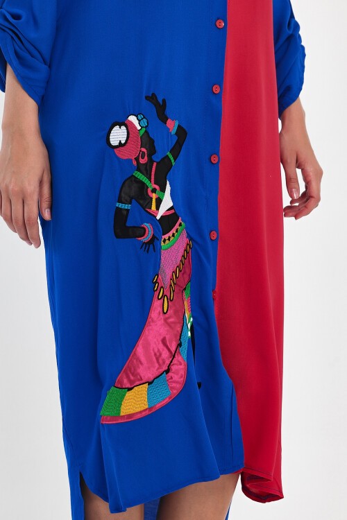 991 Saks Pembe Kadın Figür Nakışlı Viskon Gömlek Elbise