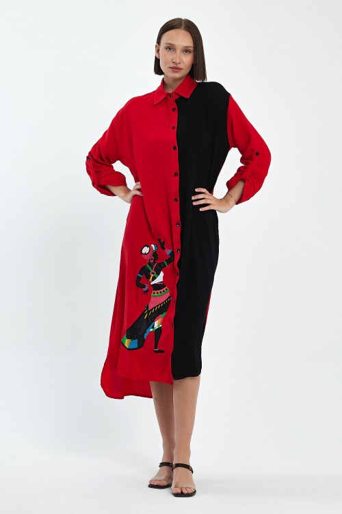 991 Siyah Kırmızı Kadın Figür Nakışlı Viskon Gömlek Elbise