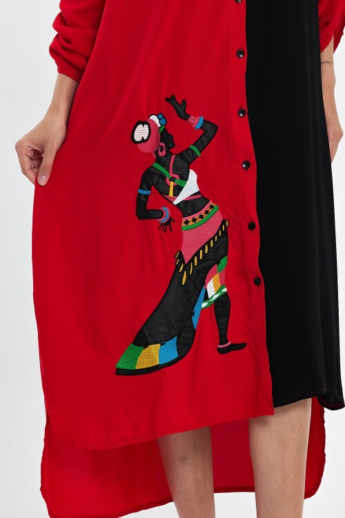 991 Siyah Kırmızı Kadın Figür Nakışlı Viskon Gömlek Elbise