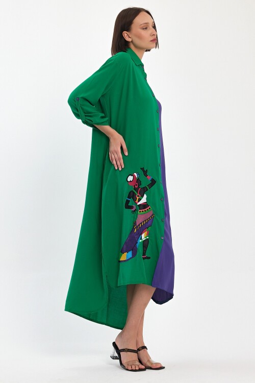 991 Yeşil Mor Kadın Figür Nakışlı Viskon Gömlek Elbise