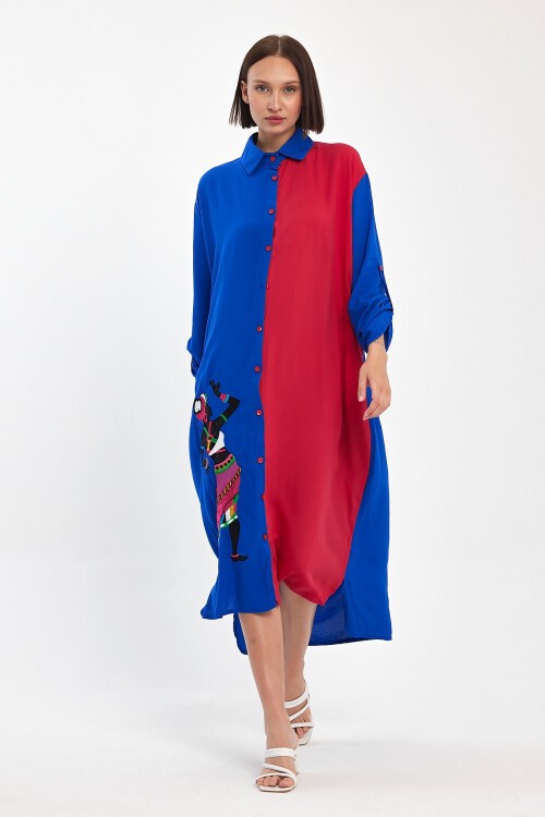 991 Saks Pembe Kadın Figür Nakışlı Viskon Gömlek Elbise