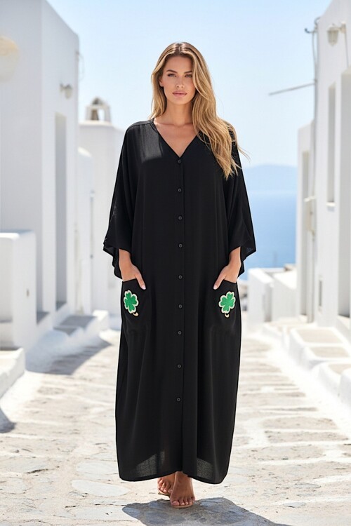 992 Siyah Yonca Nakış Büyük Beden Elbise