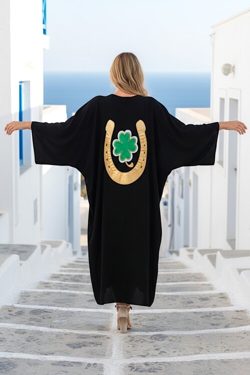 992 Siyah Yonca Nakış Büyük Beden Elbise