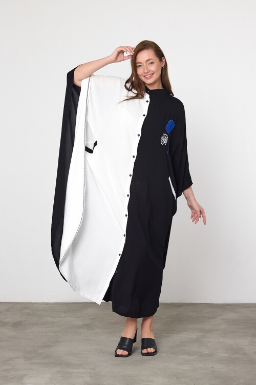 993 Siyah Beyaz Çiçek Nakışlı Büyük Beden Gömlek Elbise