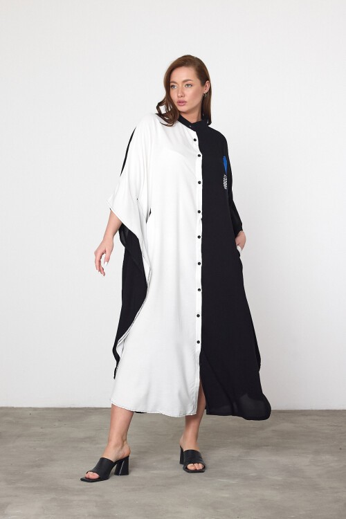 993 Siyah Beyaz Çiçek Nakışlı Büyük Beden Gömlek Elbise