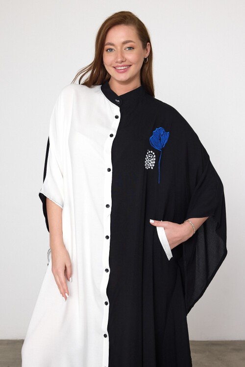 993 Siyah Beyaz Çiçek Nakışlı Büyük Beden Gömlek Elbise