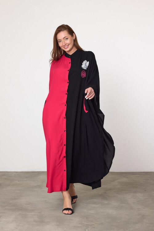 993 Siyah Fuşya Çiçek Nakışlı Büyük Beden Gömlek Elbise