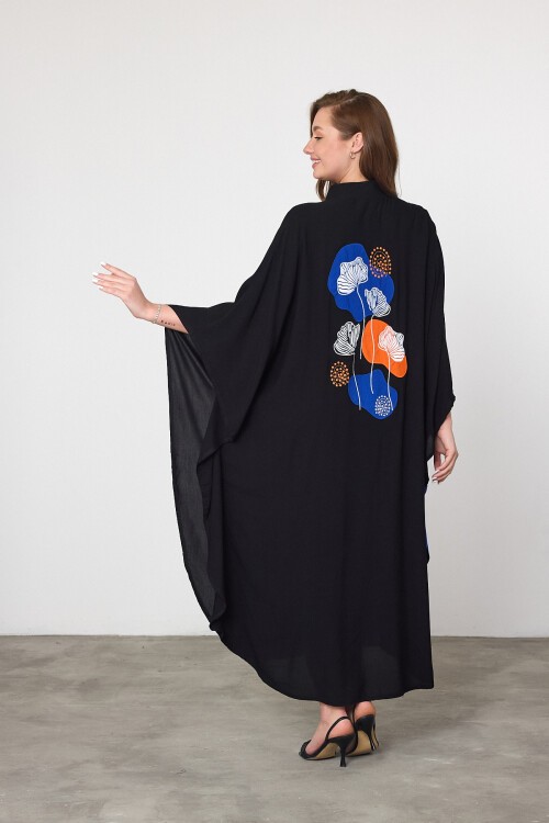 993 Siyah Saks Mavi Çiçek Nakışlı Büyük Beden Gömlek Elbise