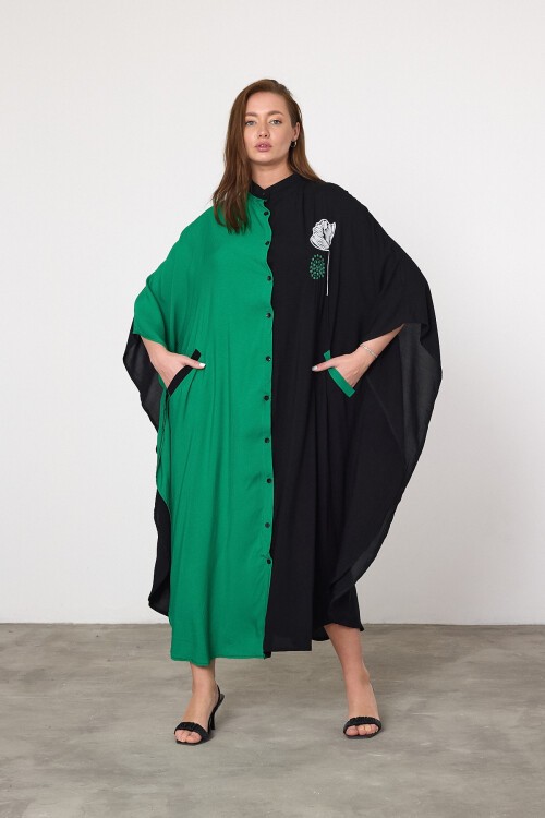 993 Siyah Yeşil Çiçek Nakışlı Büyük Beden Gömlek Elbise