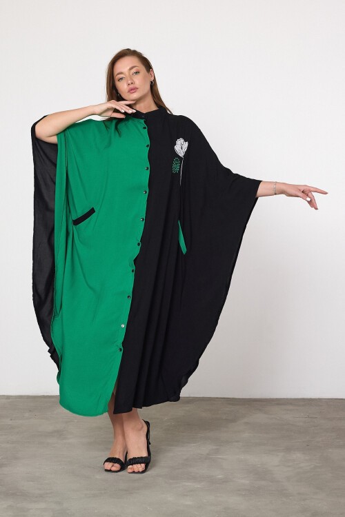 993 Siyah Yeşil Çiçek Nakışlı Büyük Beden Gömlek Elbise