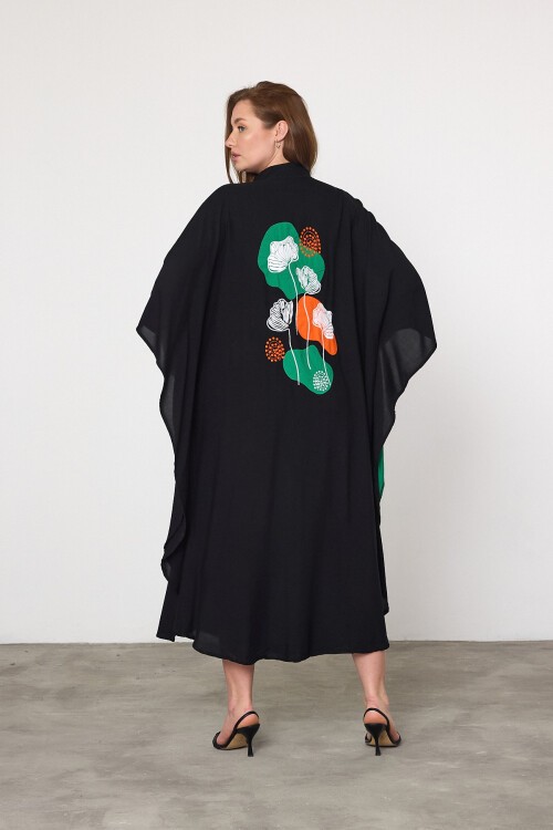 993 Siyah Yeşil Çiçek Nakışlı Büyük Beden Gömlek Elbise