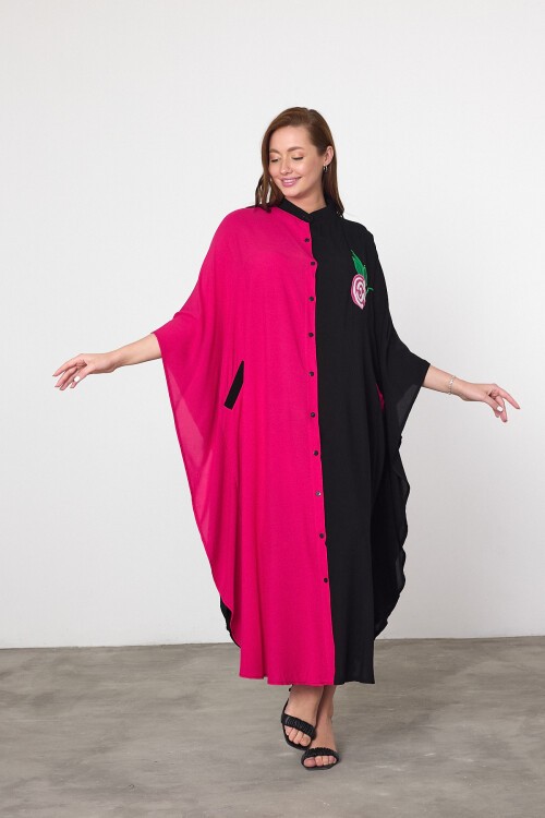 994 Siyah Fuşya Sırt Nakış Detaylı Büyük Beden Gömlek Elbise